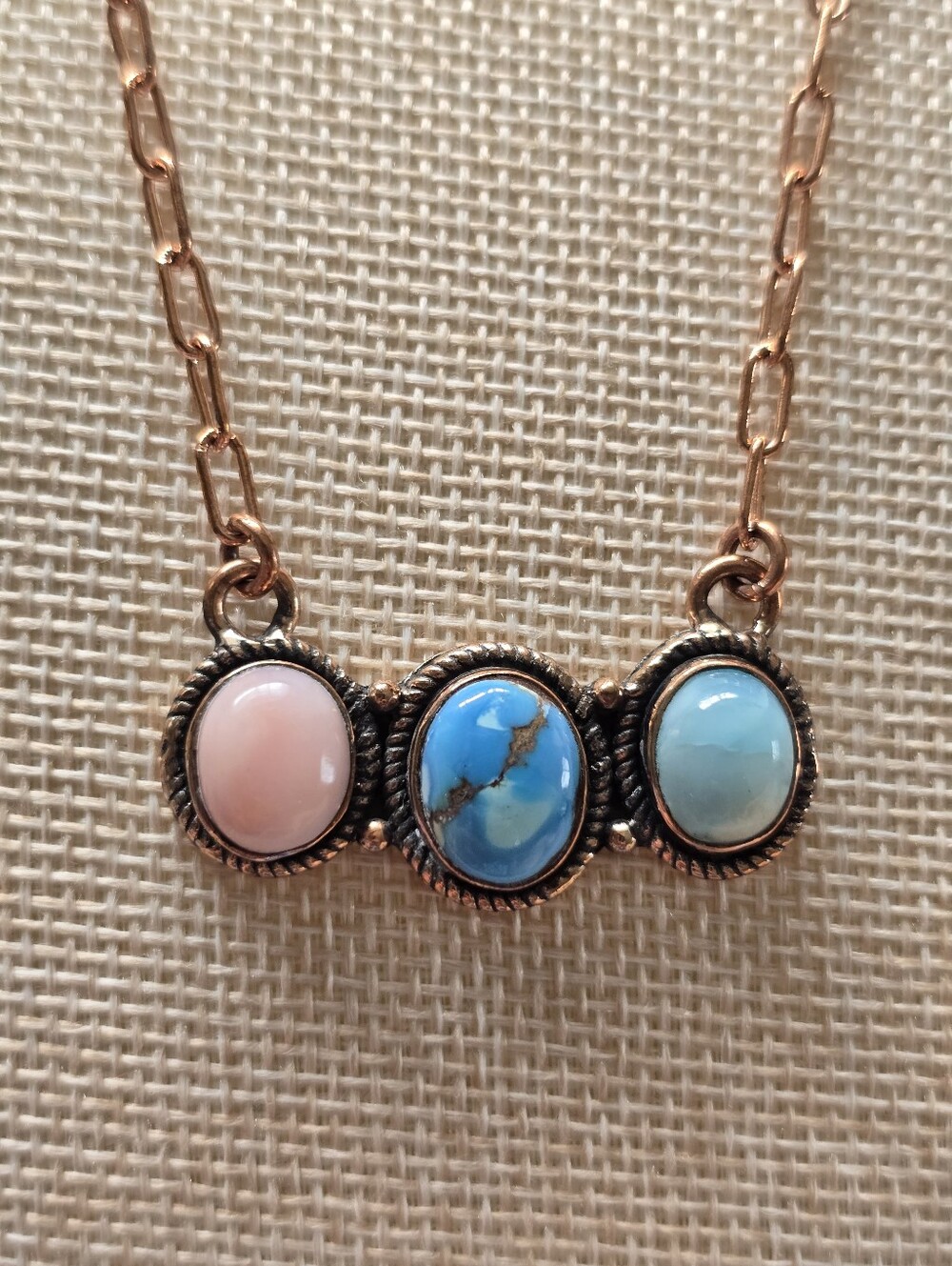 Triple-stone Pendant (a Pink Conch, a Golden Hills Turquoise,a Larimar) Necklace